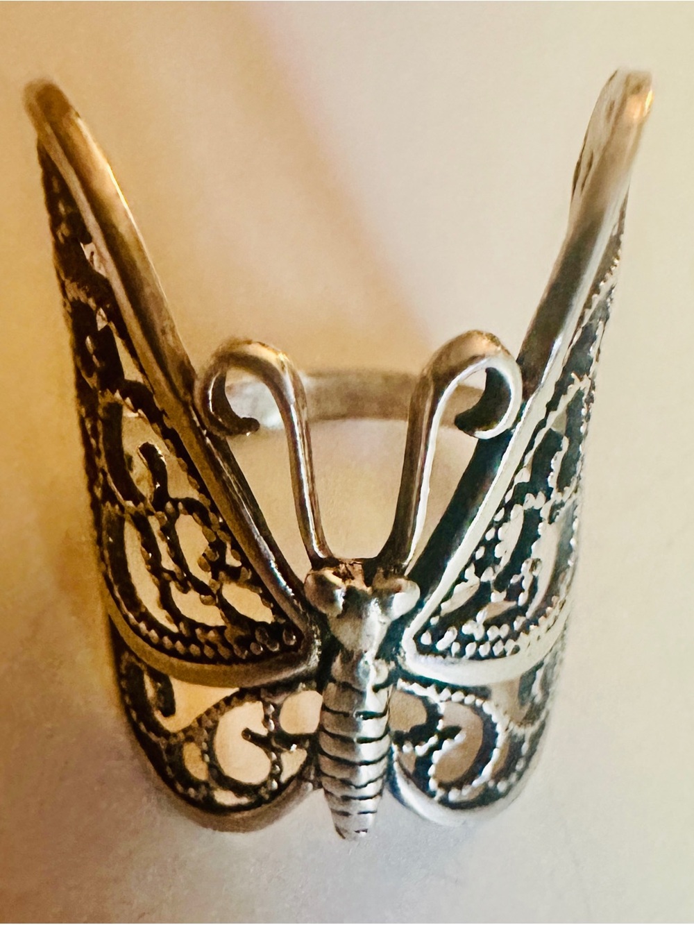 Ring vintage sterling silver filigree butterfly Statement Piece Size 7.25